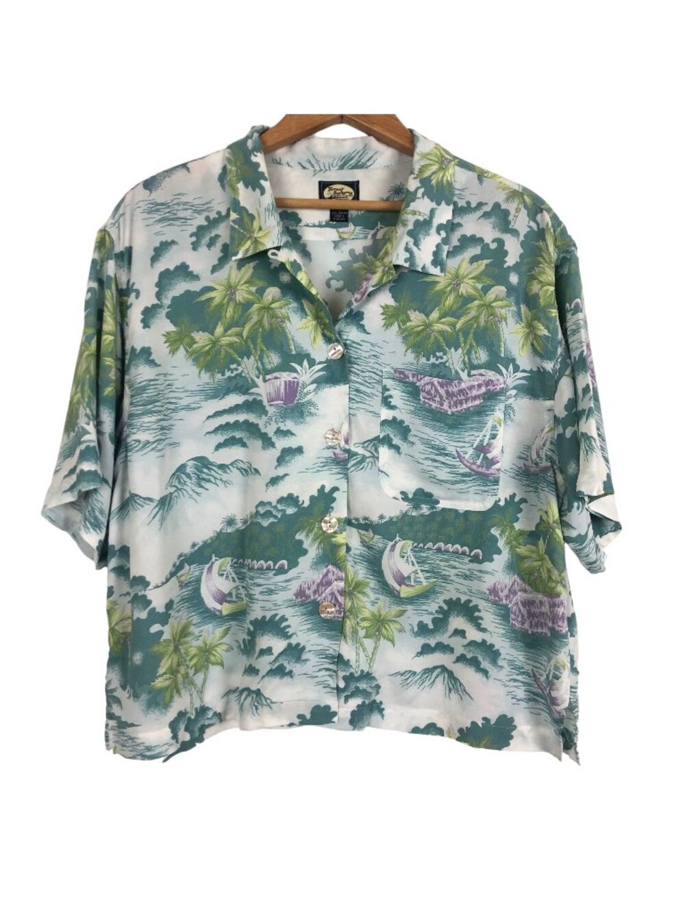 Tommy Bahama Mens Hawaiian Camp Shirt Sz Large Polynesian Island Scene Rayon